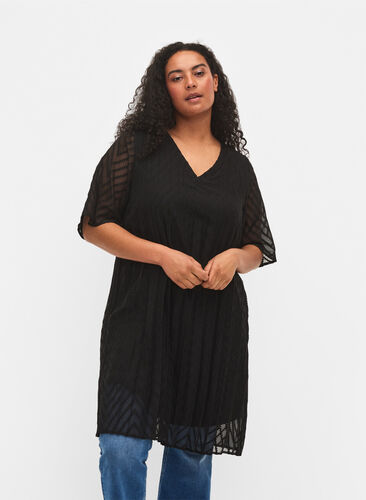Short sleeved pleated dress, Black, Model image number 0