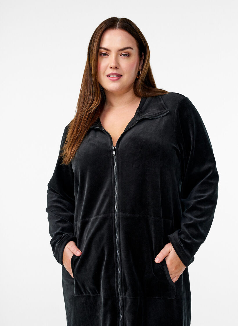 Velour dressing gown with zipper and pockets, Black, Image image number 0