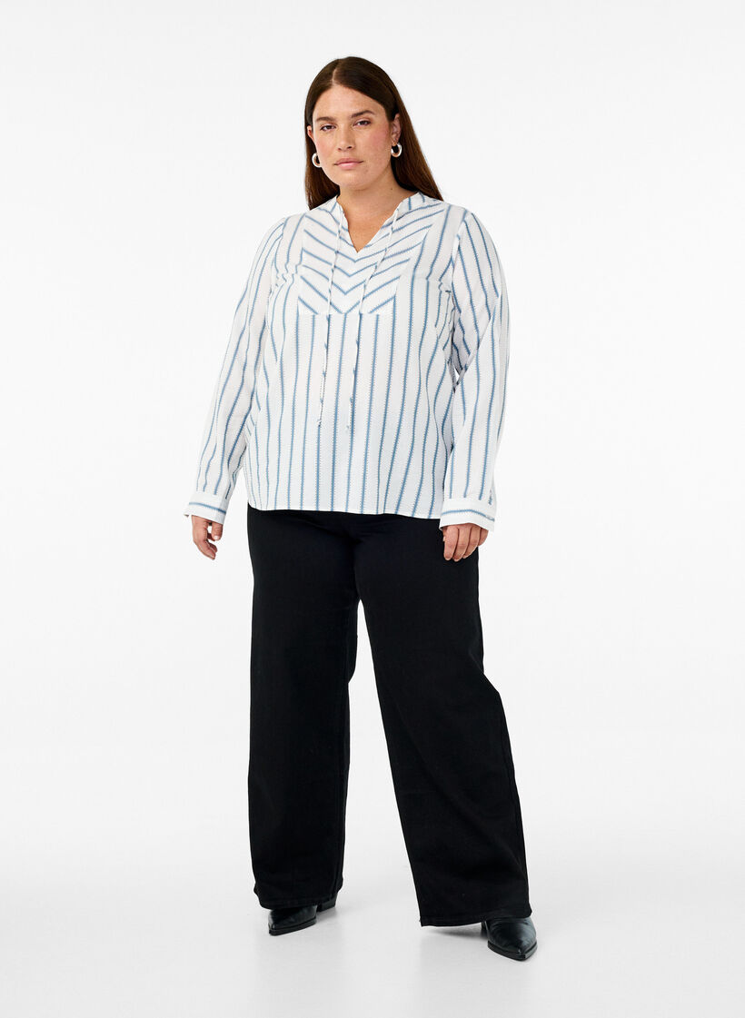 Striped blouse with tie detail, White, Model image number 1