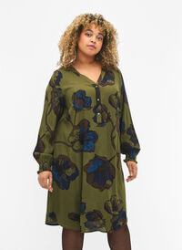 Printed viscose dress, Green Big Flower, Model