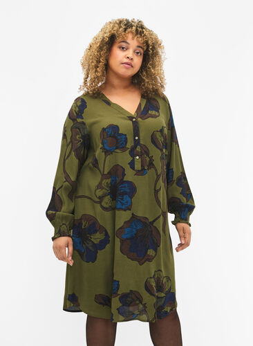 Printed viscose dress, Green Big Flower, Model image number 0