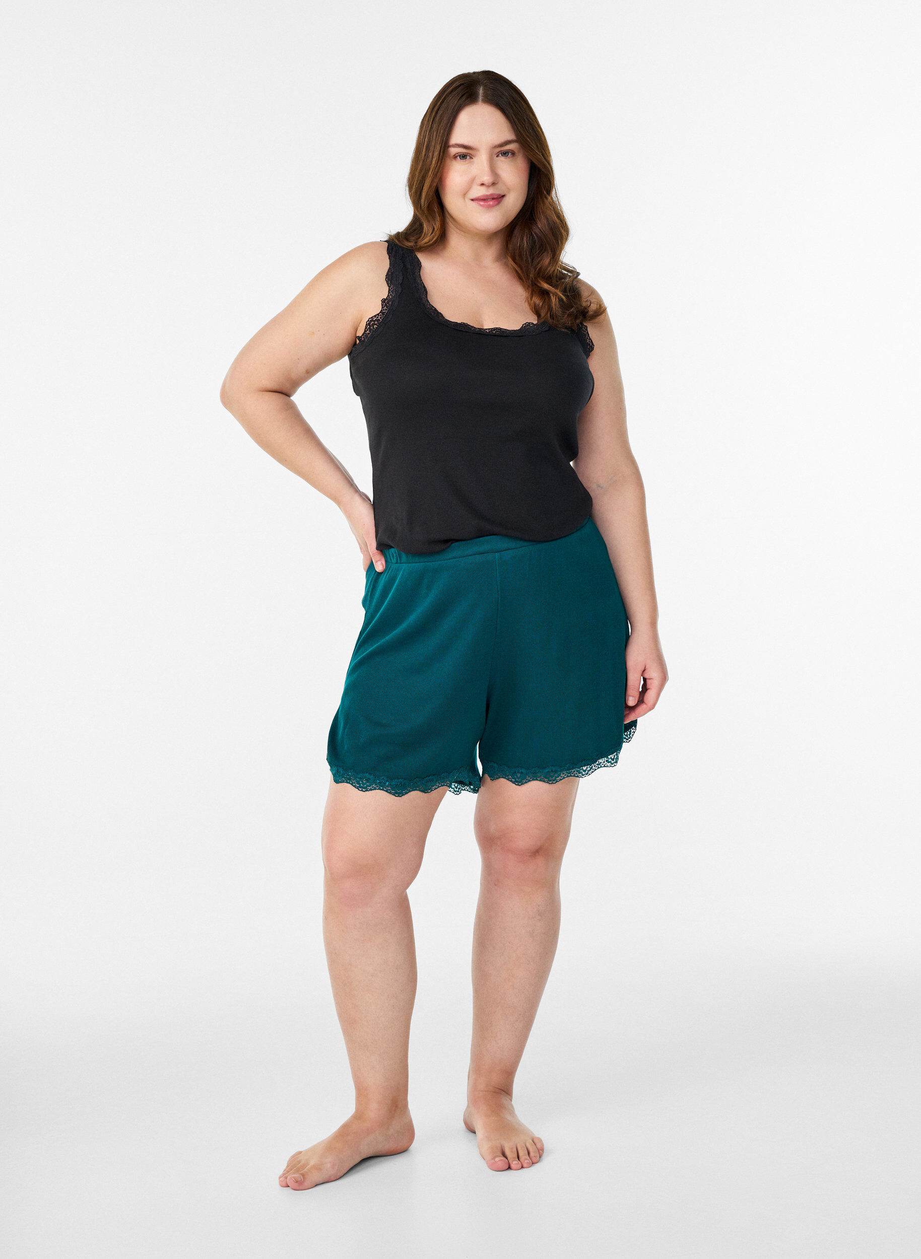 ZizzifashionLoose night shorts with ribbed texture and lace trim, Green, Model image number 1