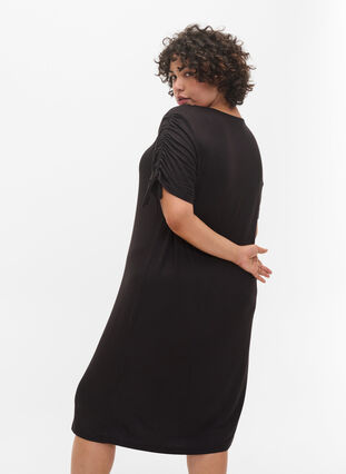Short sleeved viscose dress with tie detail, Black, Model image number 1