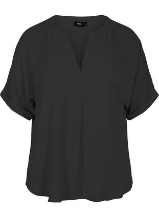 Short-sleeved blouse with v-neckline, Black, Packshot image number 0