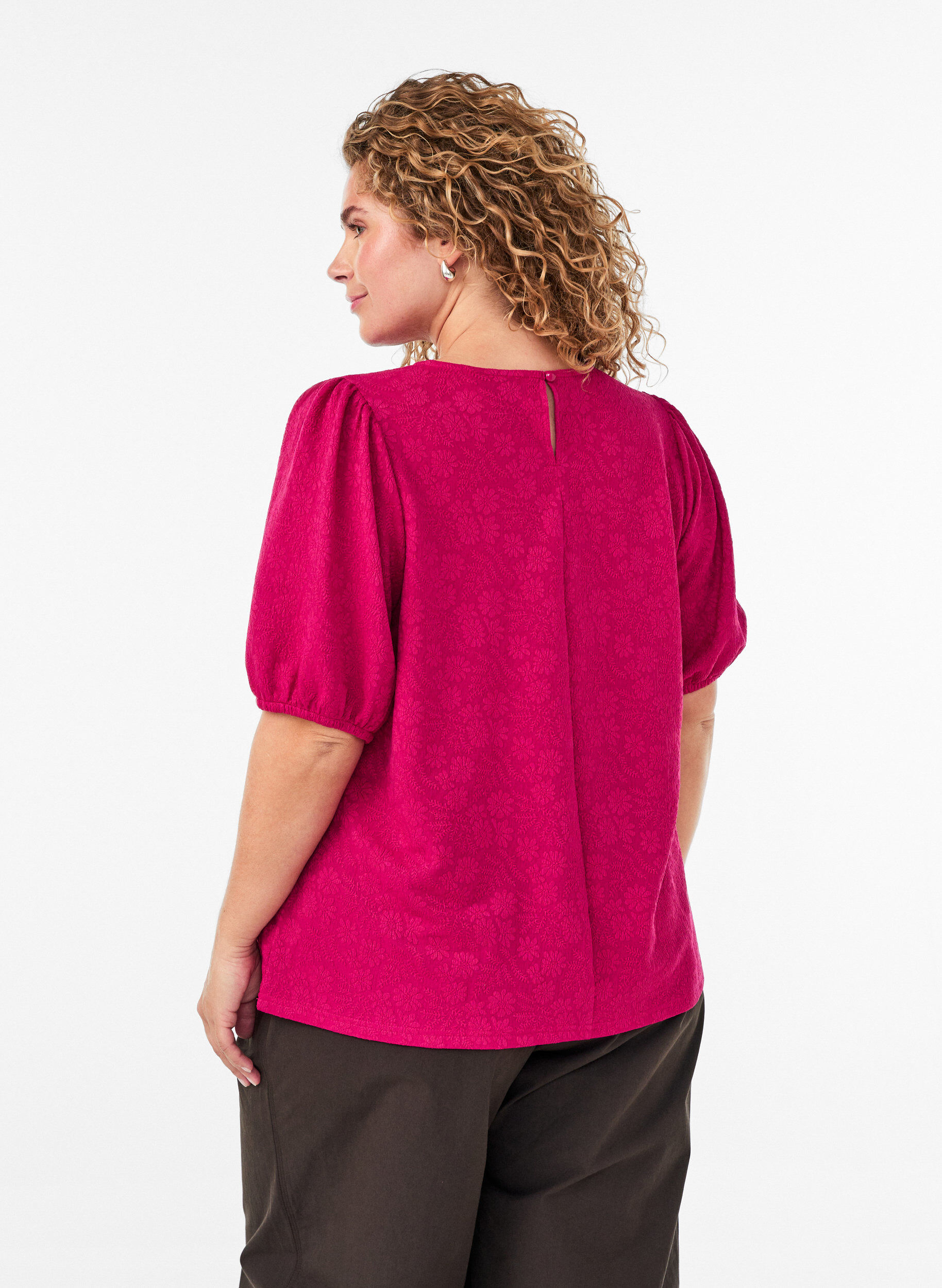ZizzifashionBlouse with texture and short sleeves, Pink, Model image number 2
