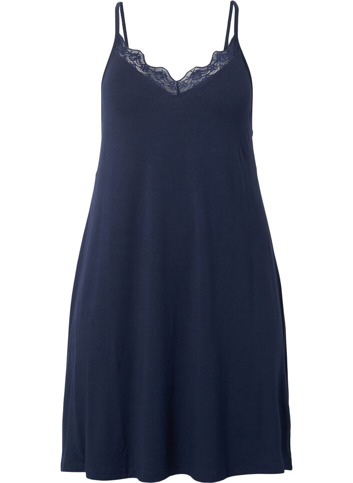 Viscose nightgown with lace trim, Blue, Packshot image number 0