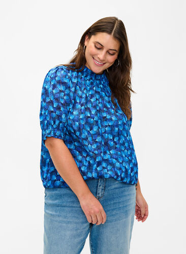 Short-sleeved smock blouse with print, Navy Blazer Leaf AOP, Model image number 0