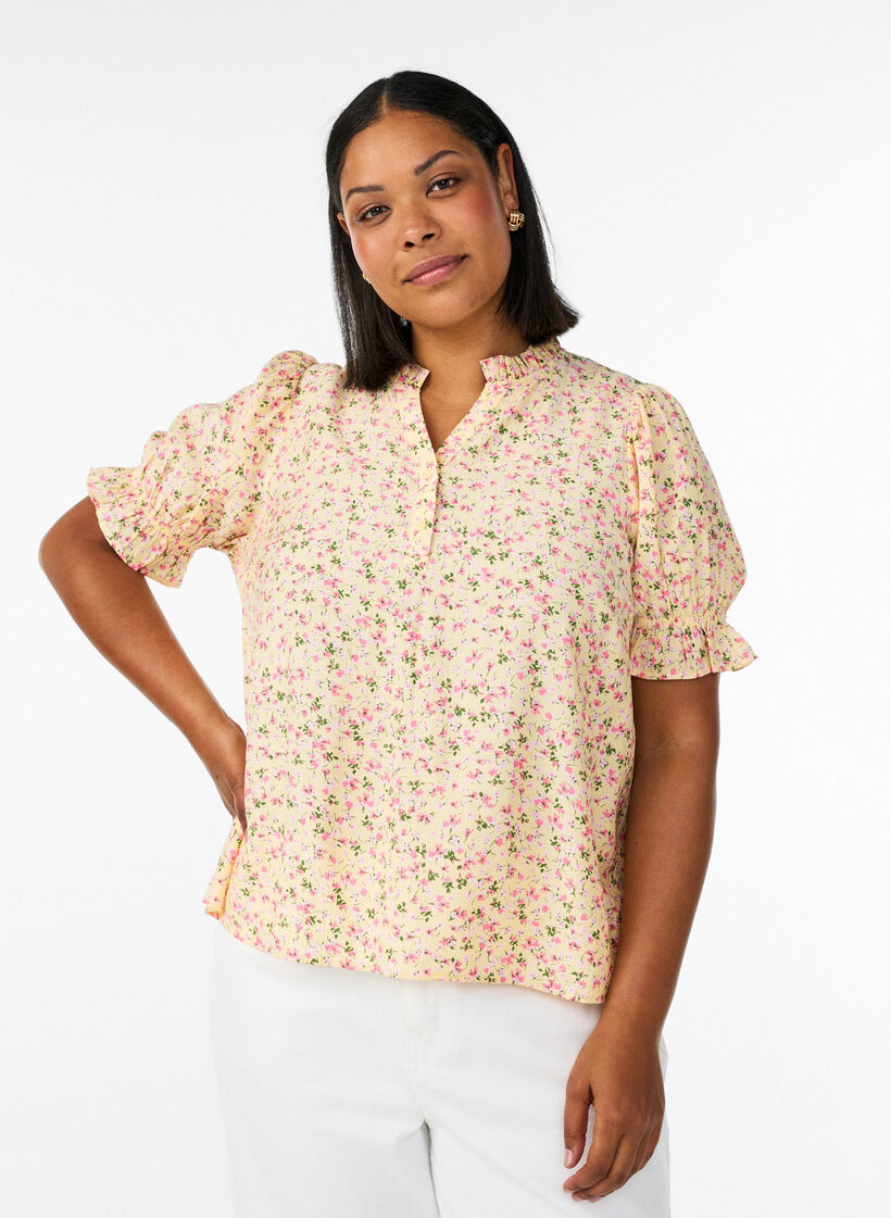 Floral viscose blouse with short sleeves and a ruffle collar, Yellow, Model image number 0