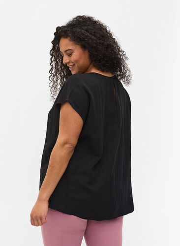 Short-sleeved viscose blouse with round neck, Black, Model image number 1