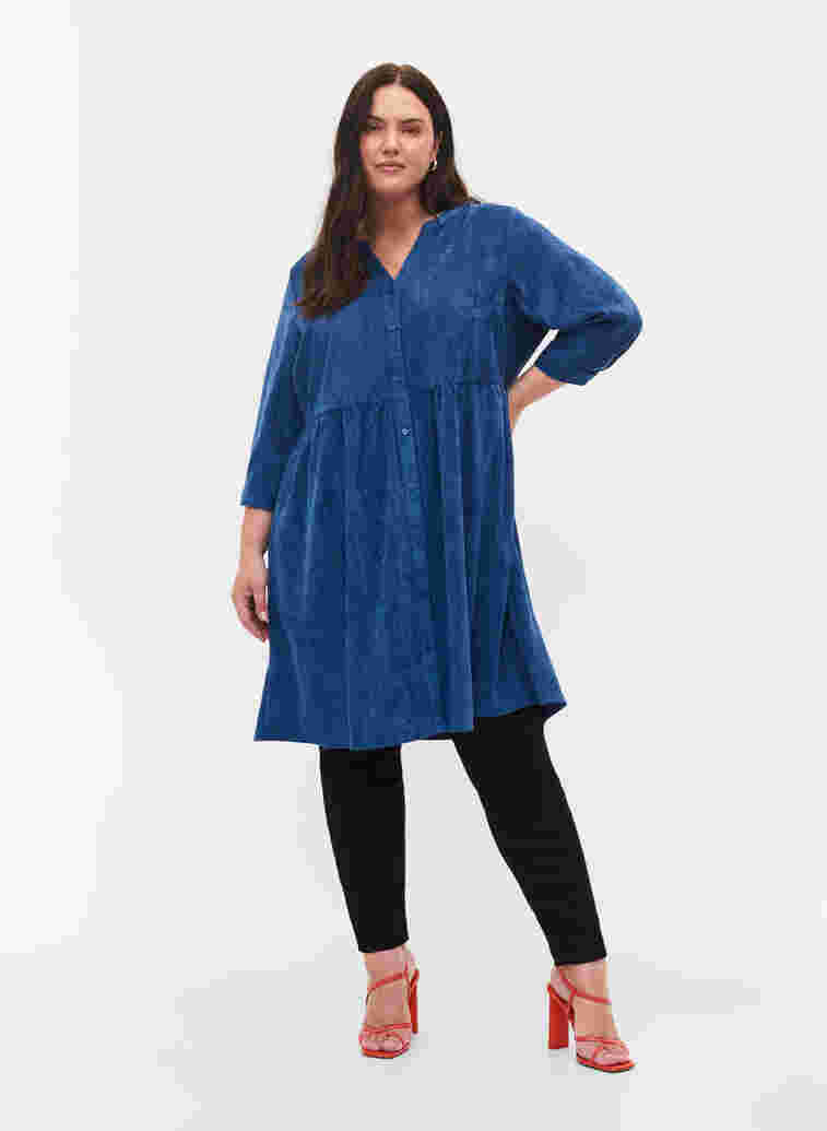 Velvet dress with 3/4-length sleeves and buttons, Estate Blue, Model image number 2