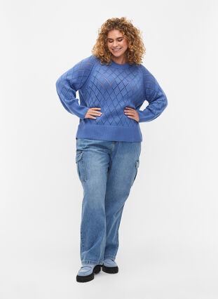 Long sleeve knitted blouse with hole pattern, Blue Bonnet, Model image number 2