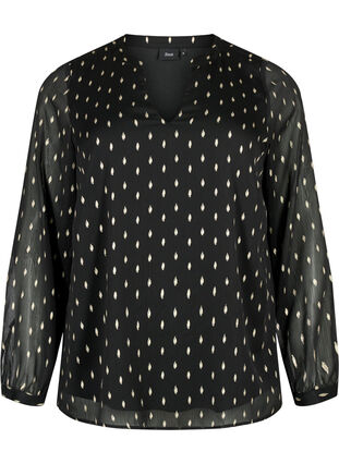Printed blouse with v-neckline, Black w. Gold, Packshot image number 0