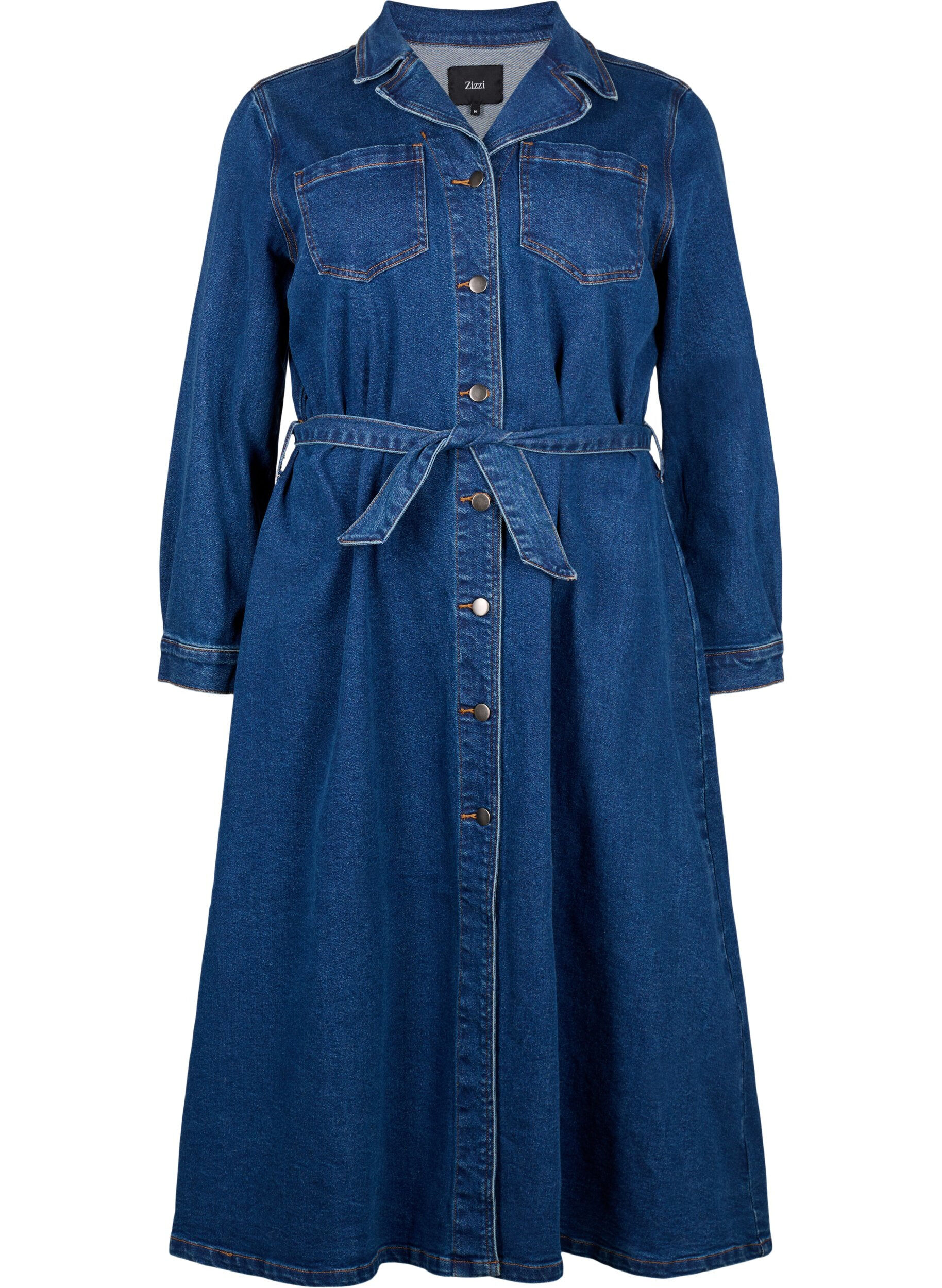 Zizzifashion Midi shirt dress in denim with belt, Dark Blue Denim, Packshot image number 0