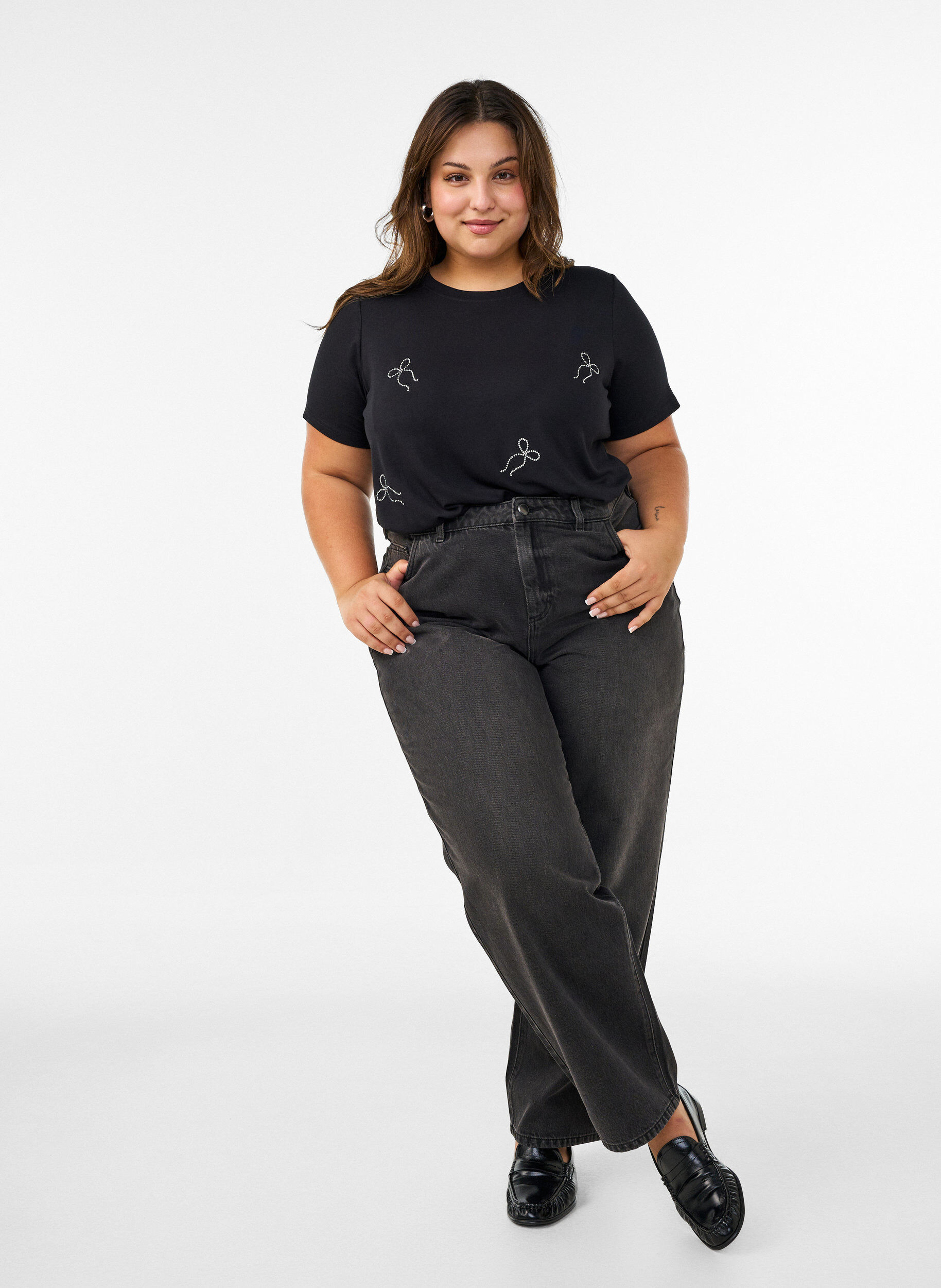 ZizzifashionViscose T-shirt with rhinestones, Black, Model image number 1