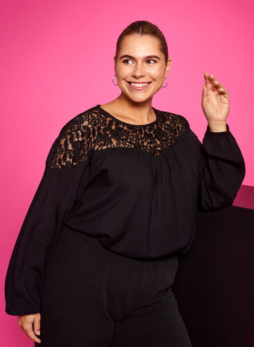 Viscose top with lace, Black, Model image number 0