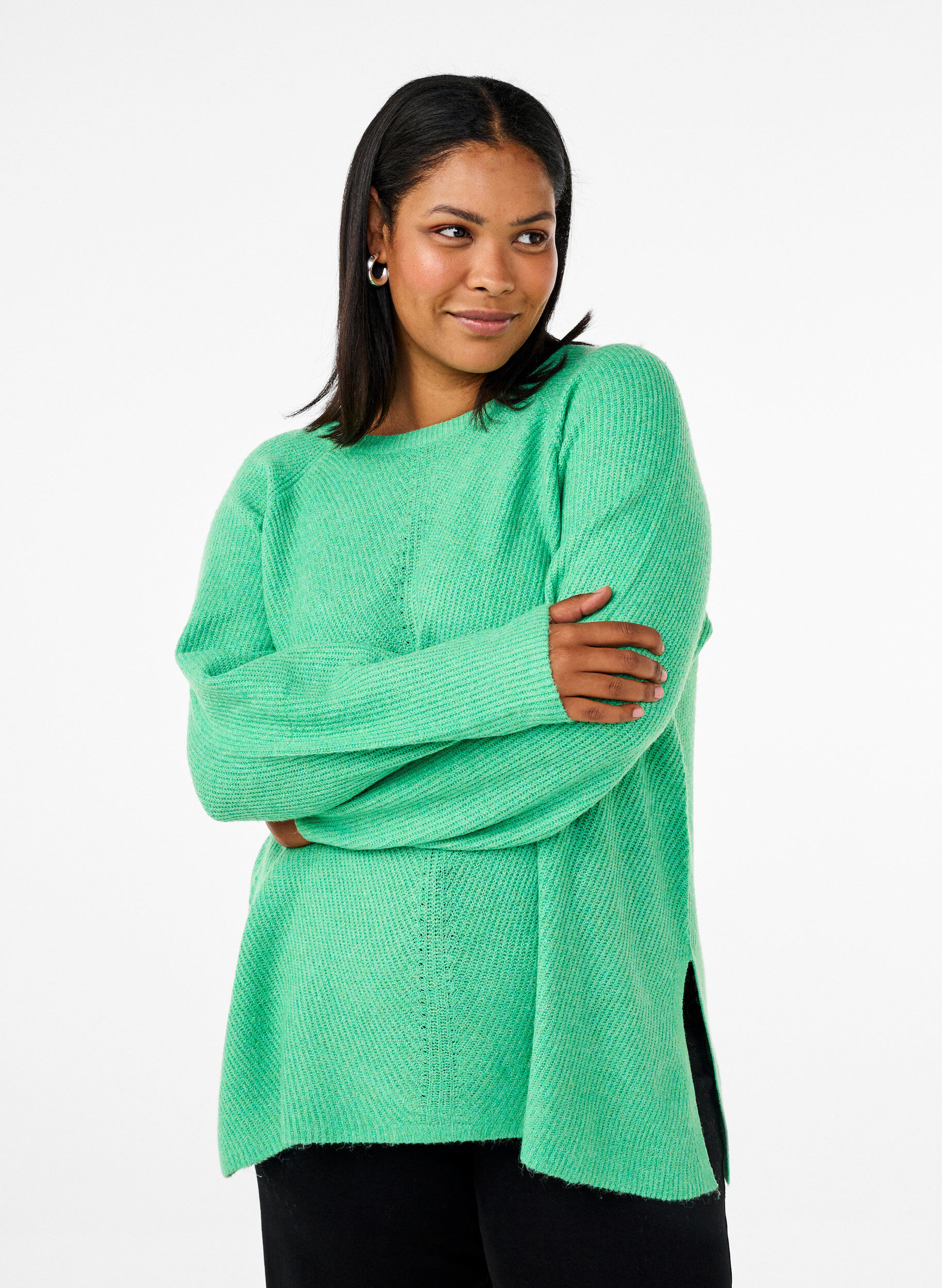 Zizzifashion Knitted blouse with round neck, Light G. Green Mel., Model image number 0