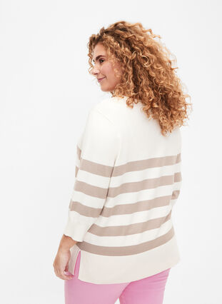 Striped viscose pullover with 3/4 sleeves, Birch/Simply Taupe, Model image number 1