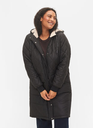 Quilted jacket with hood and adjustable waist, Black, Model image number 0
