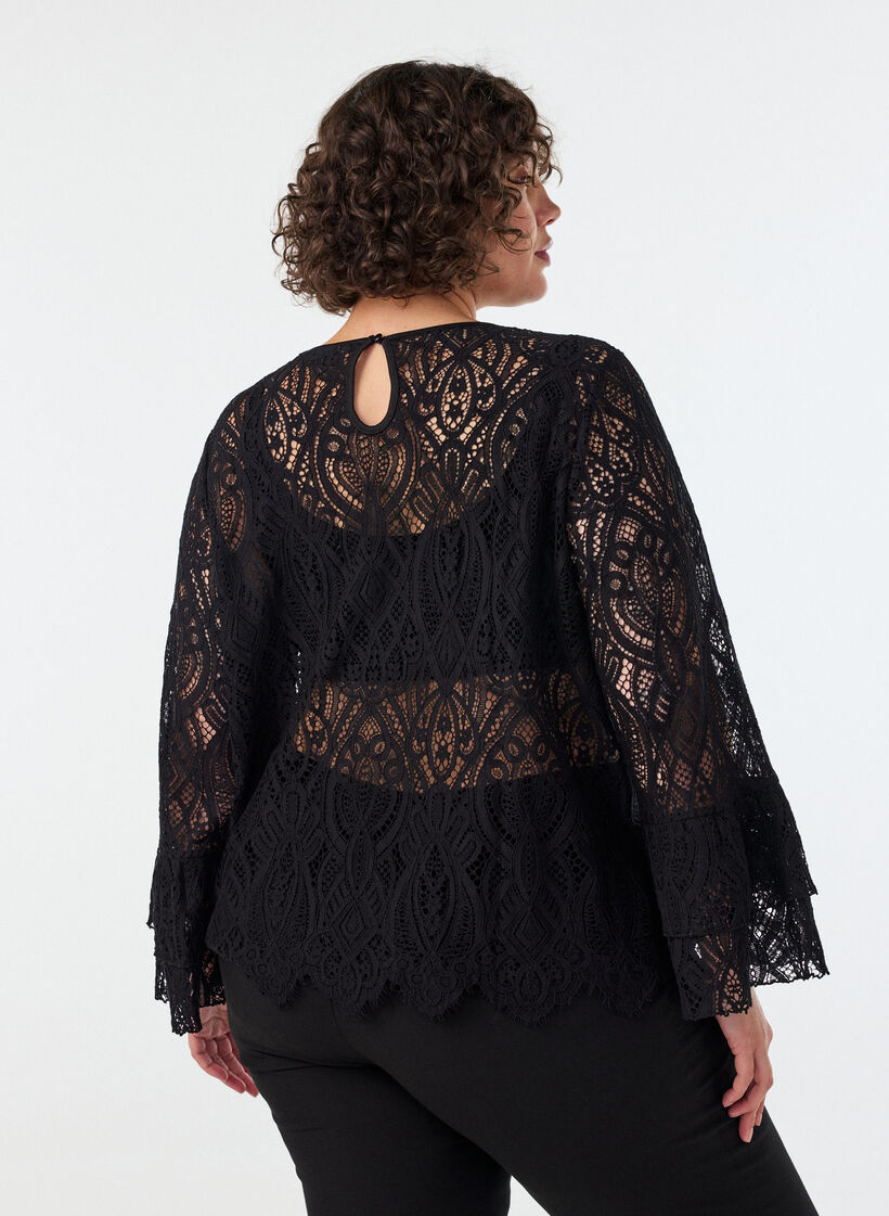 Lace blouse with long trumpet sleeves and ruffles, Black, Model image number 2