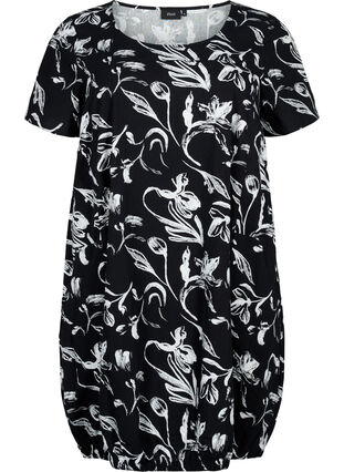 Short-sleeved, printed cotton dress, Black W. AOP White, Packshot image number 0