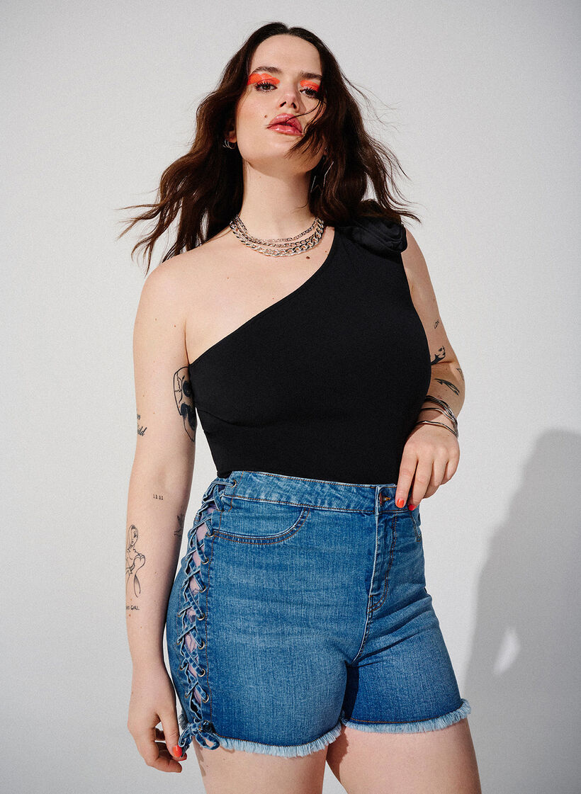 Denim shorts with lace-up details, Blue Denim, Image image number 0