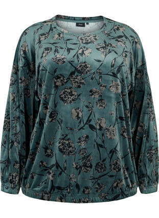 Floral, long sleeve velour blouse, Green Gables AOP, Packshot image number 0