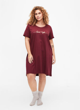 Short-sleeved nightgown in organic cotton, Zinfandel Good Night, Model image number 2