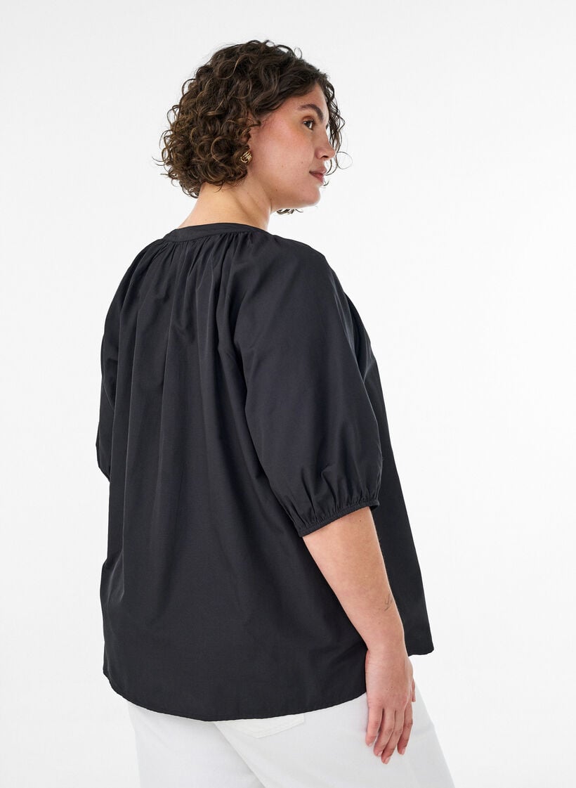 Shirt blouse with button fastening and tie-belt, Black, Model image number 2