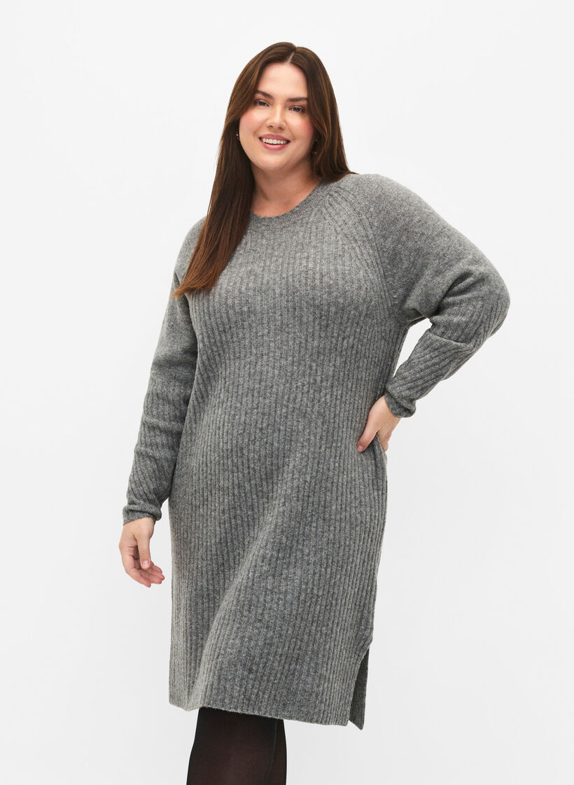 Rib-knit dress with slit, Light Grey Melange, Model image number 0