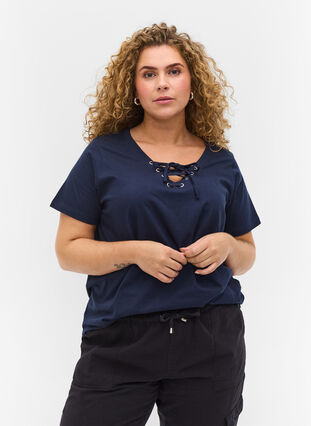 Organic cotton t-shirt with tie-string detail - Blue - Sz. 42-60 -  Zizzifashion