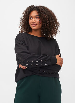 Cotton sweatshirt with lace details, Black, Model image number 0