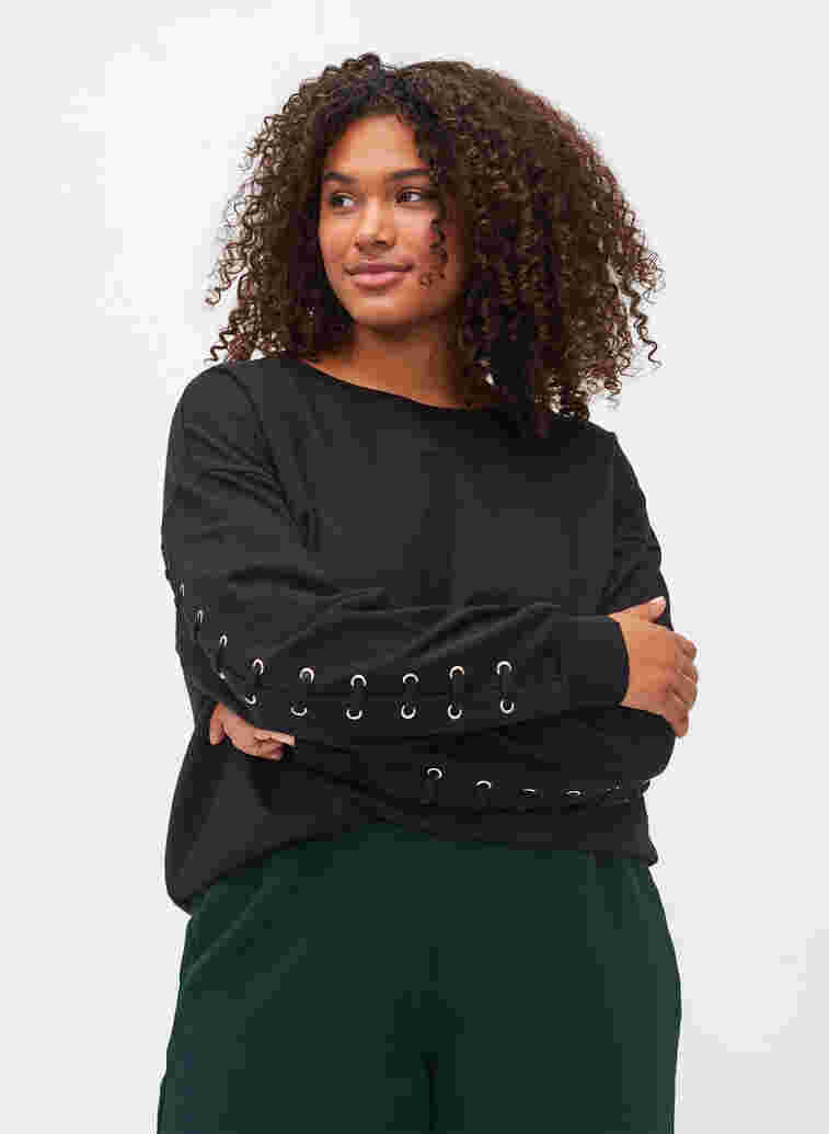 Cotton sweatshirt with lace details, Black, Model