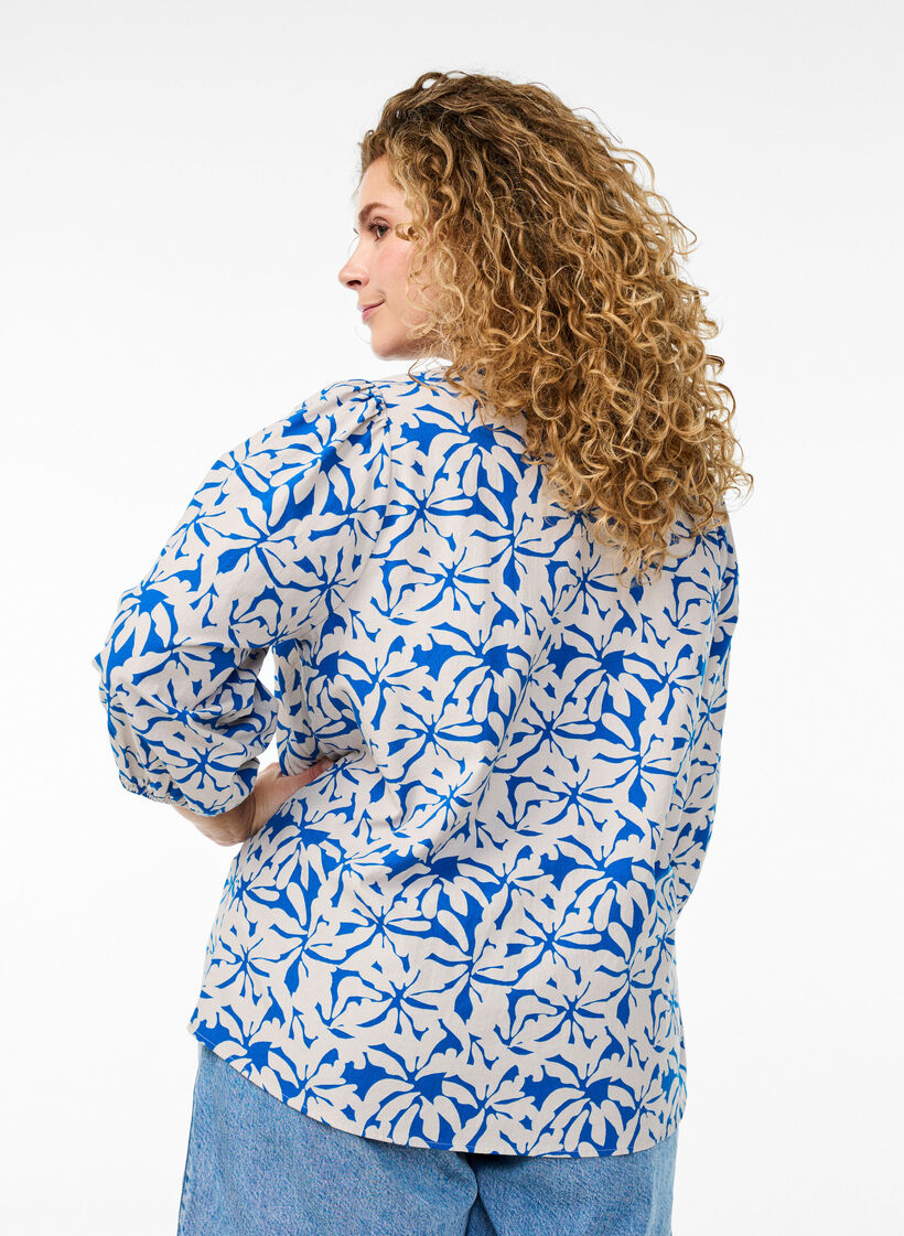 3/4 sleeve cotton blouse with flowers, Blue, Model image number 2