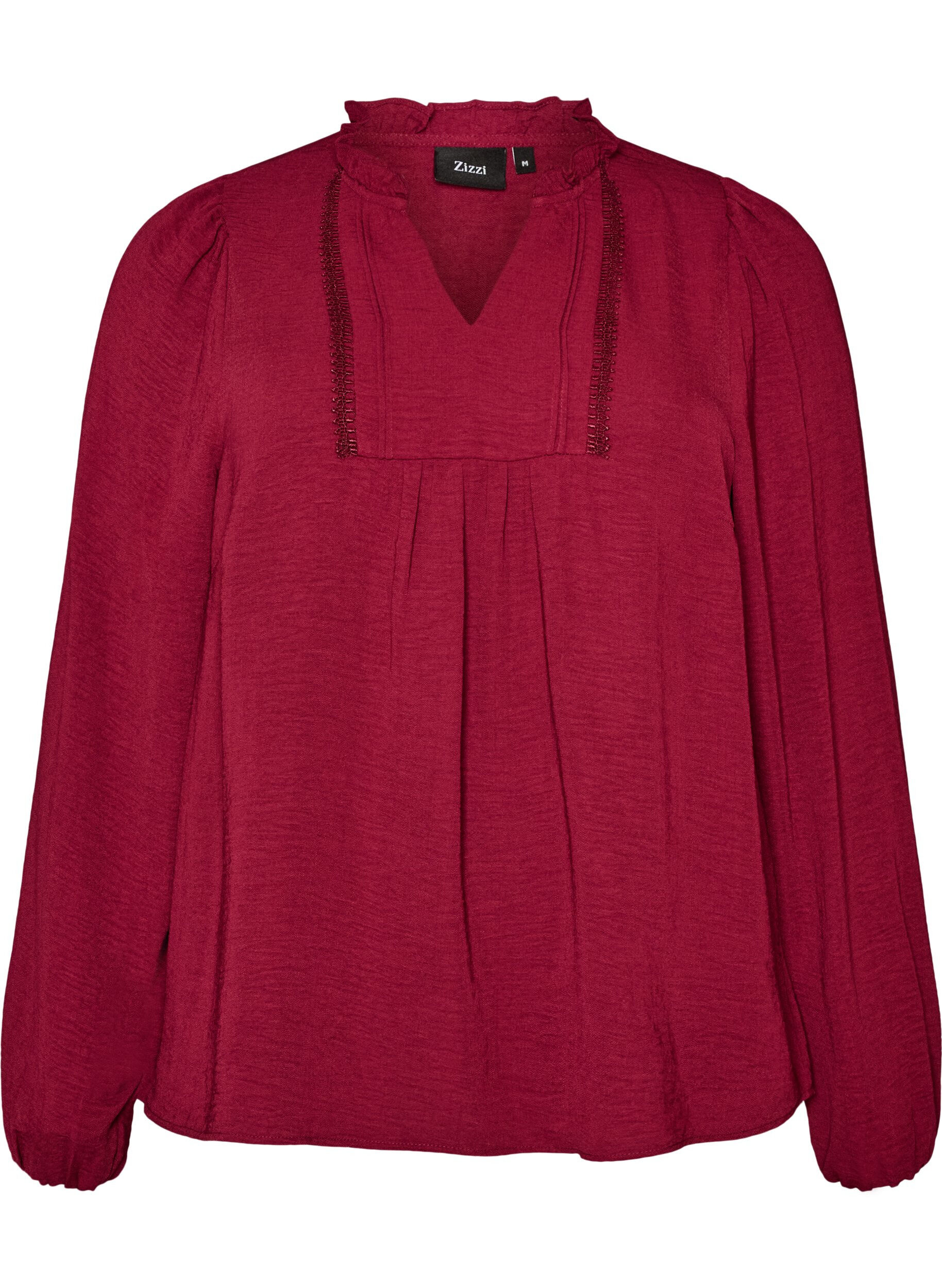 ZizzifashionBlouse with V-neck and crochet band, Red, Packshot image number 0