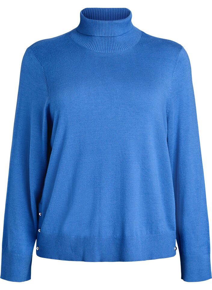 Knitted blouse with turtleneck and side buttons, Blue, Packshot image number 0