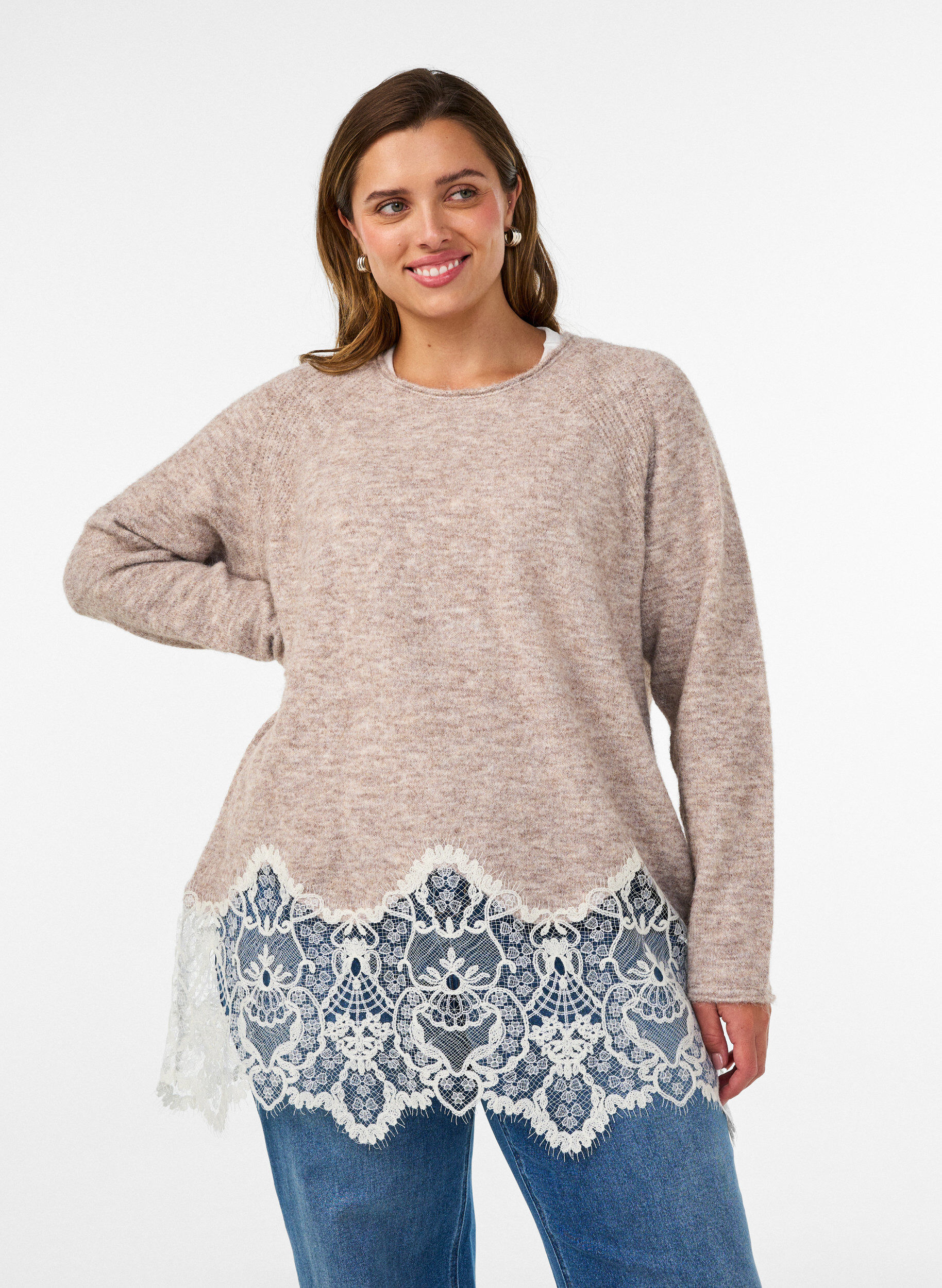 ZizzifashionKnitted blouse with raglan sleeves and a wide lace trim, Beige, Model image number 0
