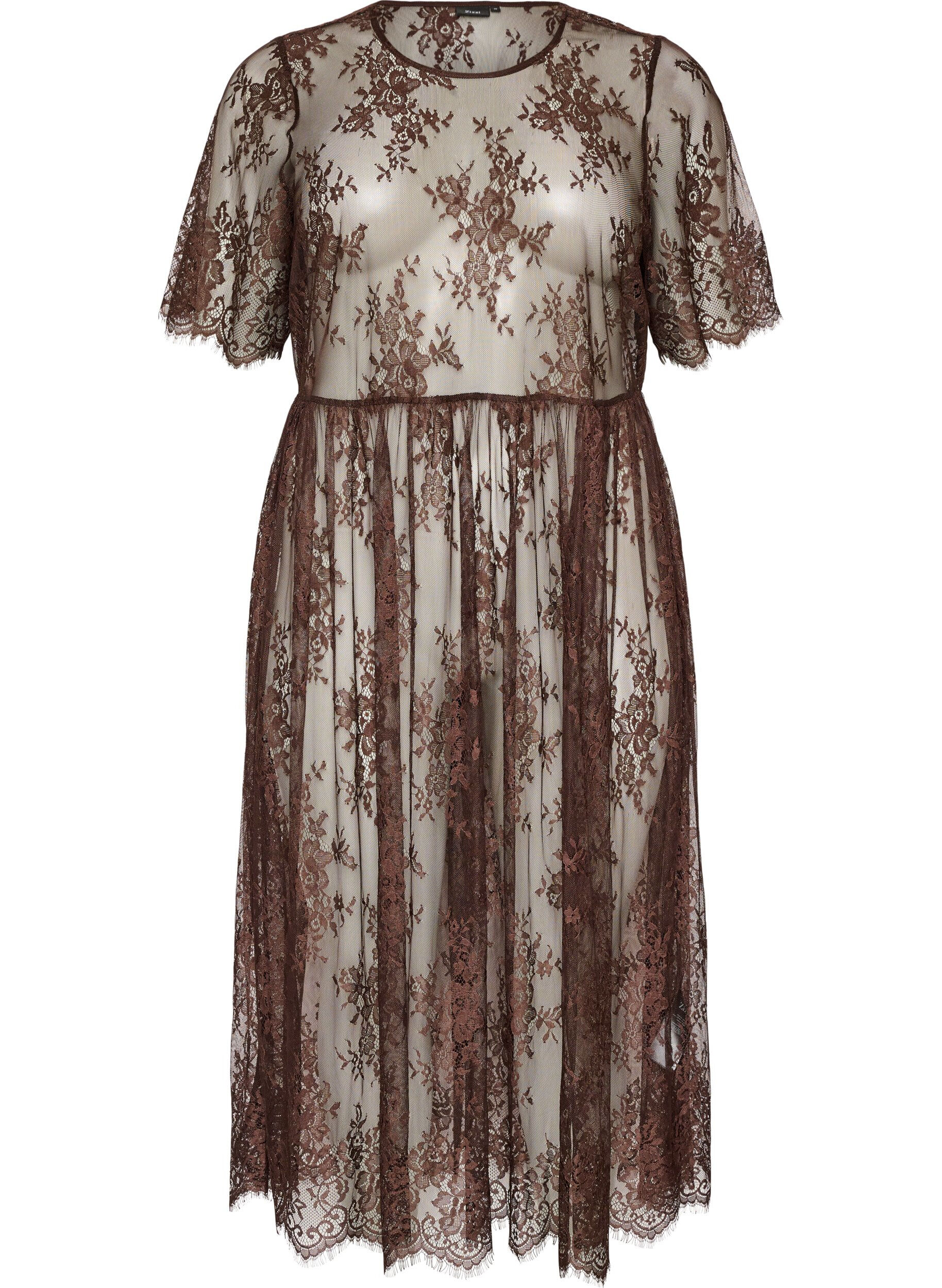ZizzifashionSheer lace midi dress with short sleeves, Brown, Packshot image number 0
