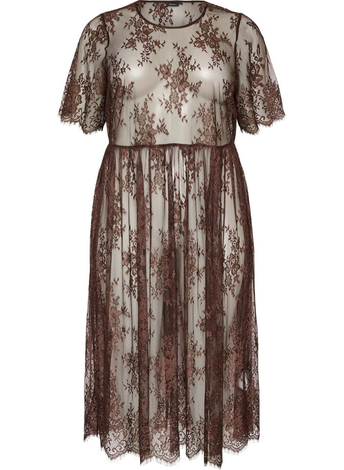 Sheer lace midi dress with short sleeves, Brown, Packshot image number 0