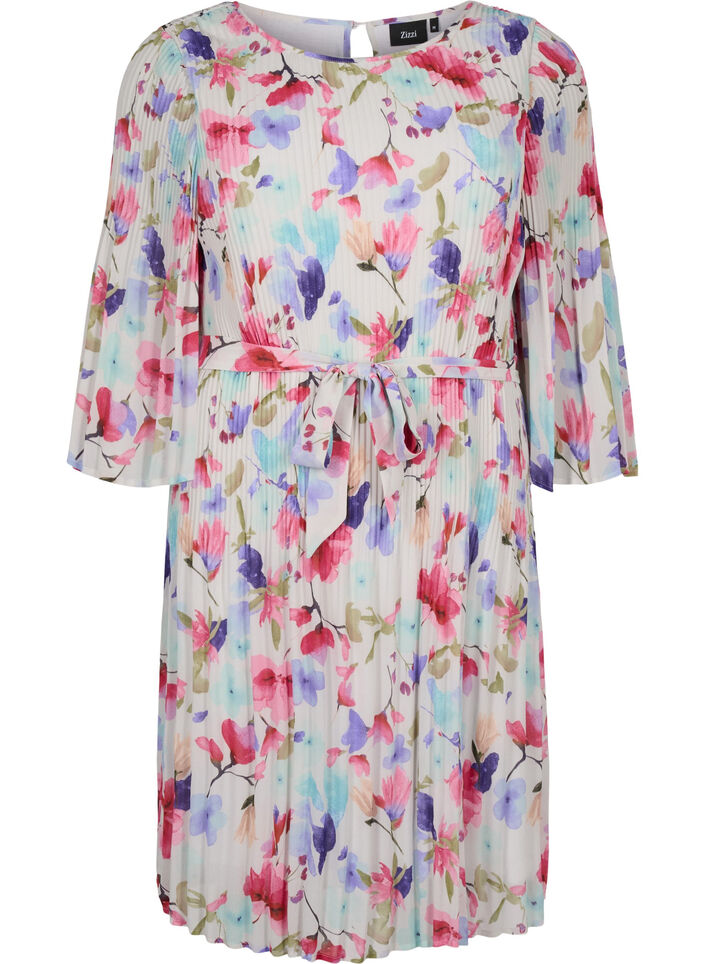 Printed pleated dress with waist tie, White/MultiFlowerAOP, Packshot image number 0