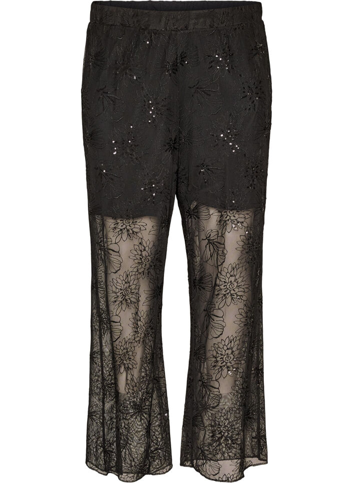 Mesh trousers with floral embroidery and sequins, Black, Packshot image number 0