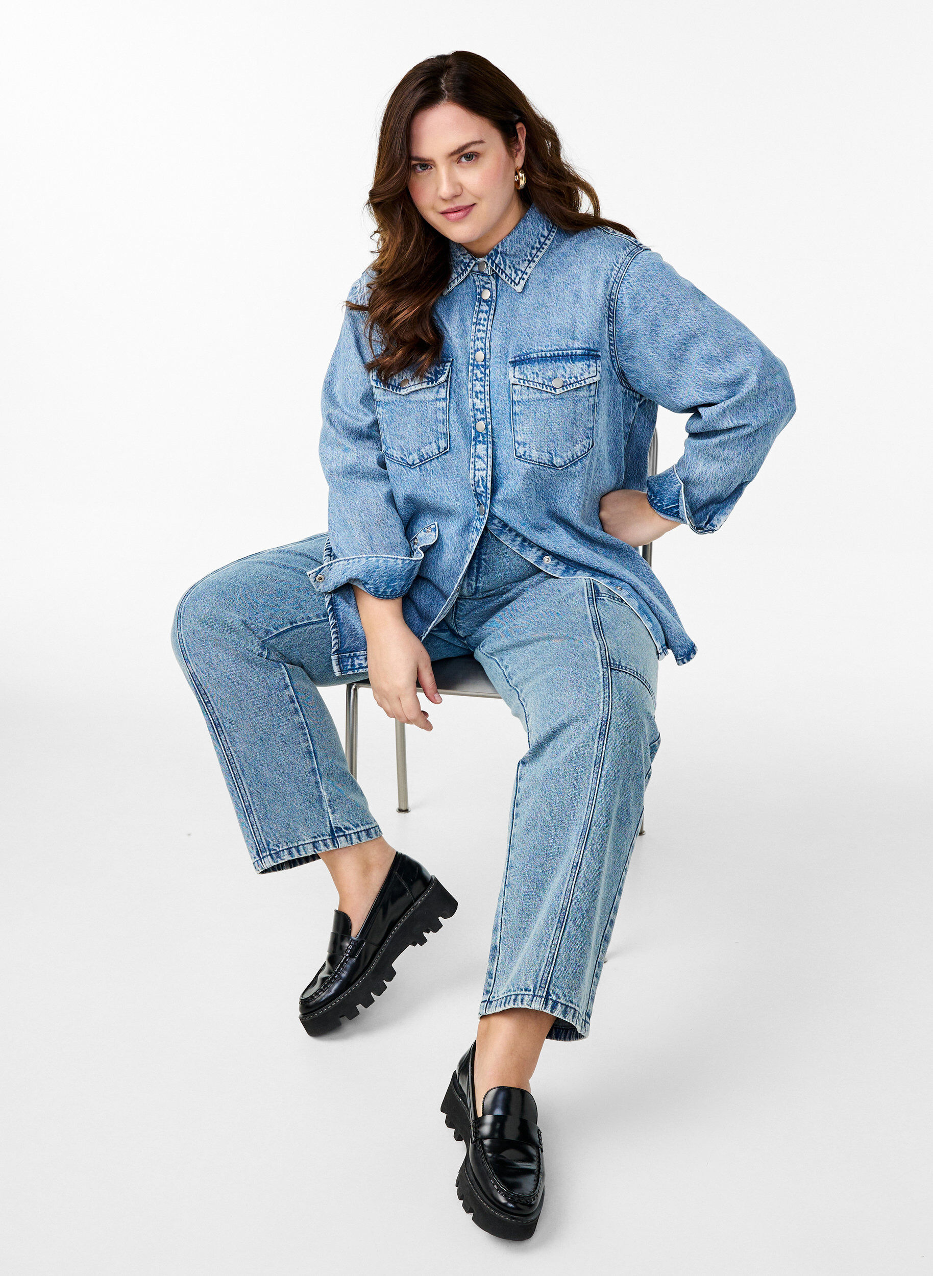 Zizzifashion Denim shirt with chest pockets, Light Blue, Image image number 0