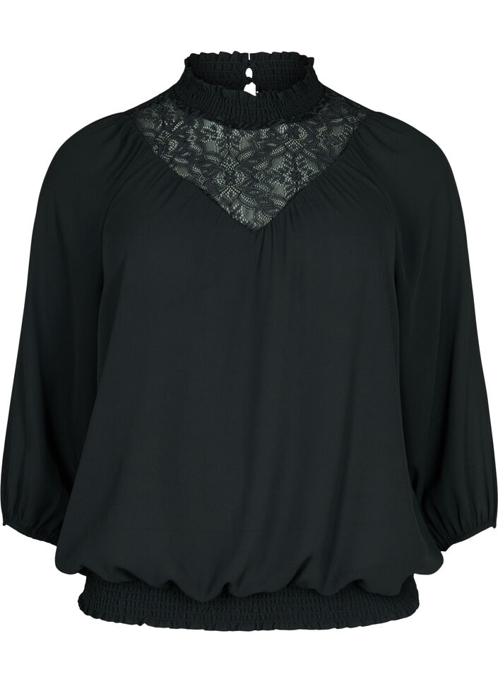 Top with lace and smock, Black, Packshot image number 0