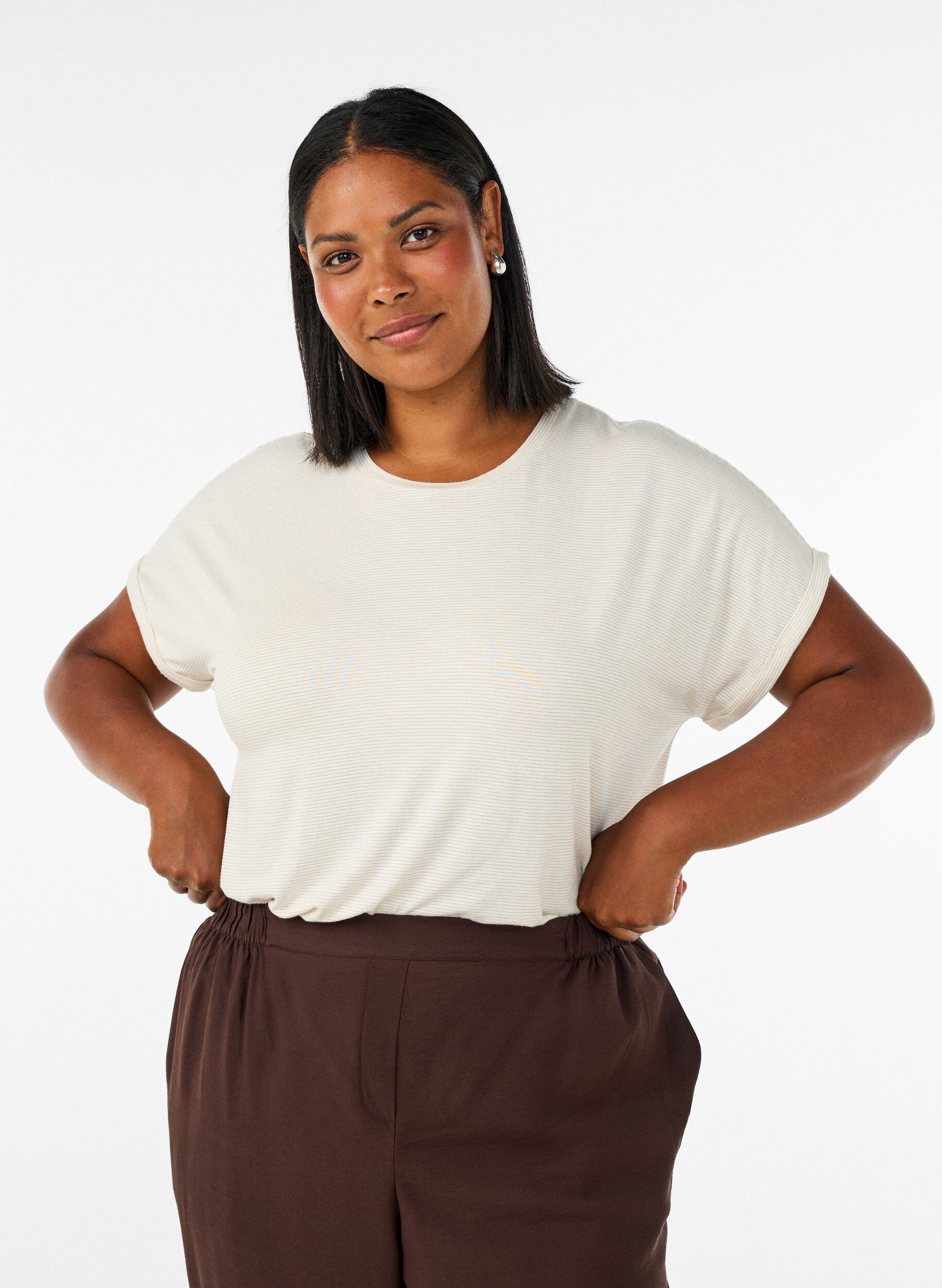 ZizzifashionViscose T-shirt with glitter stripes, Vanilla, Model image number 0