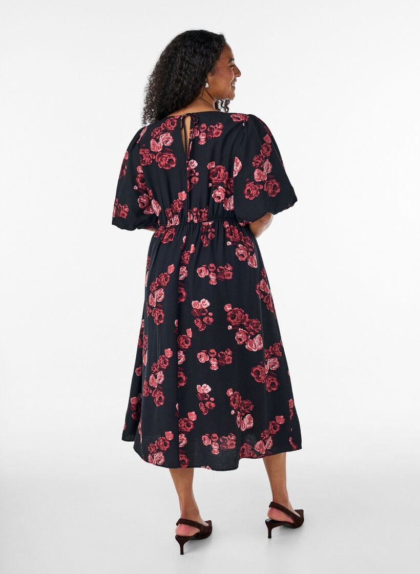 Midi dress with rose print and short balloon sleeves, Black, Model image number 1