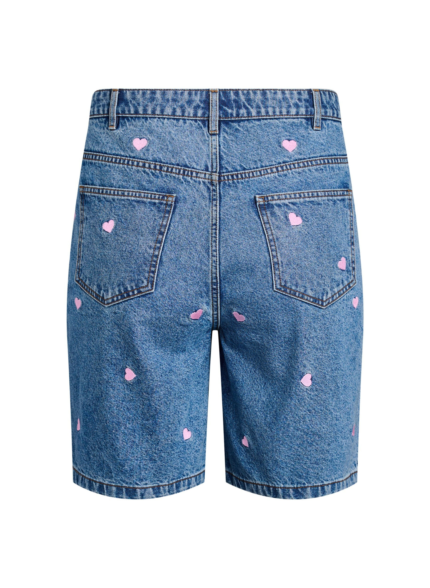 ZizzifashionHigh-waist denim shorts with embroidered hearts, Light Blue, Packshot image number 1