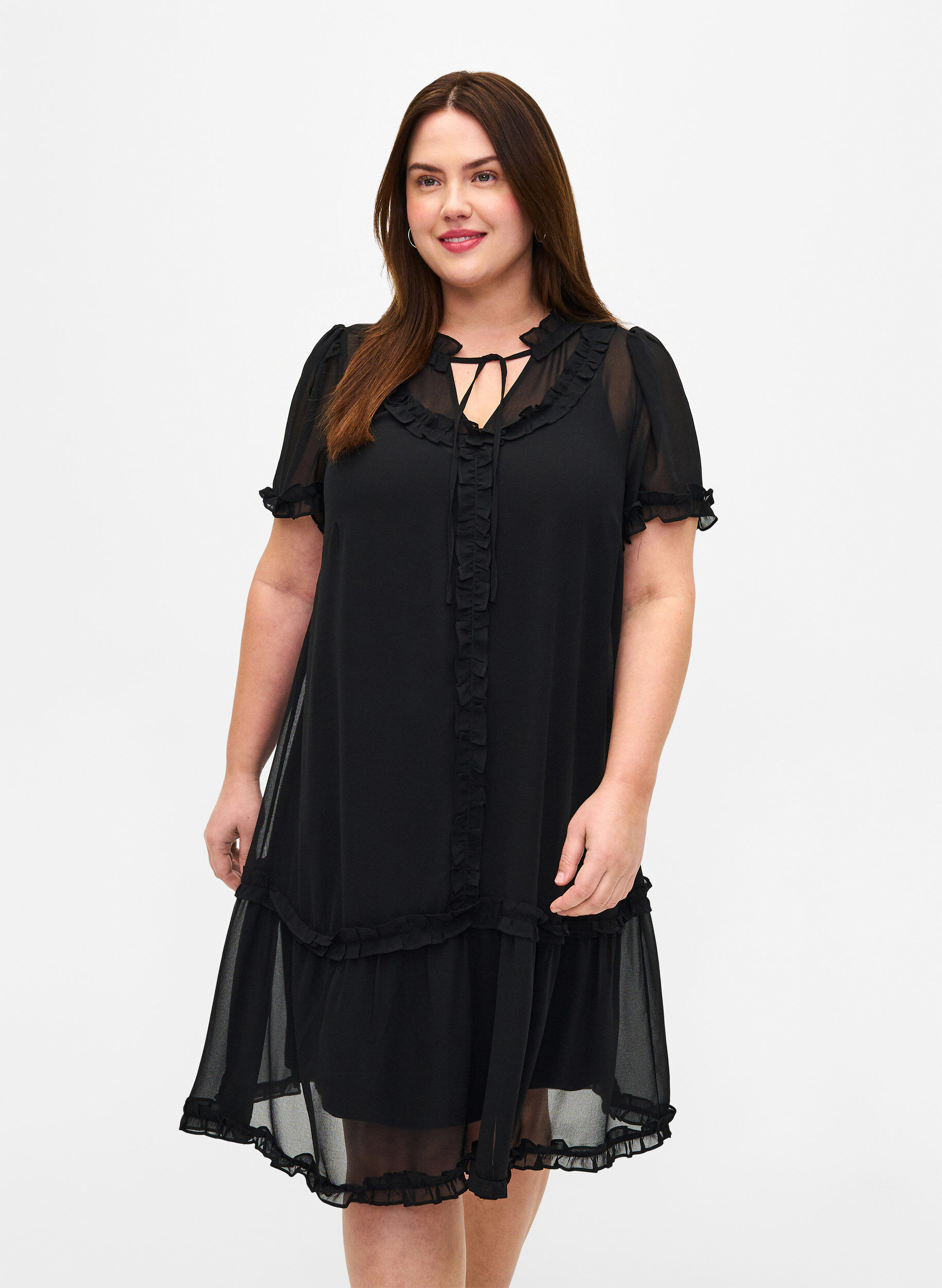 Zizzifashion Chiffon dress with A-cut and ruffle details, Black, Model image number 0