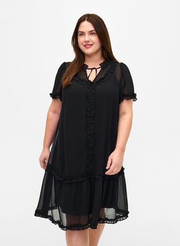 Chiffon dress with A-cut and ruffle details, Black, Model image number 0