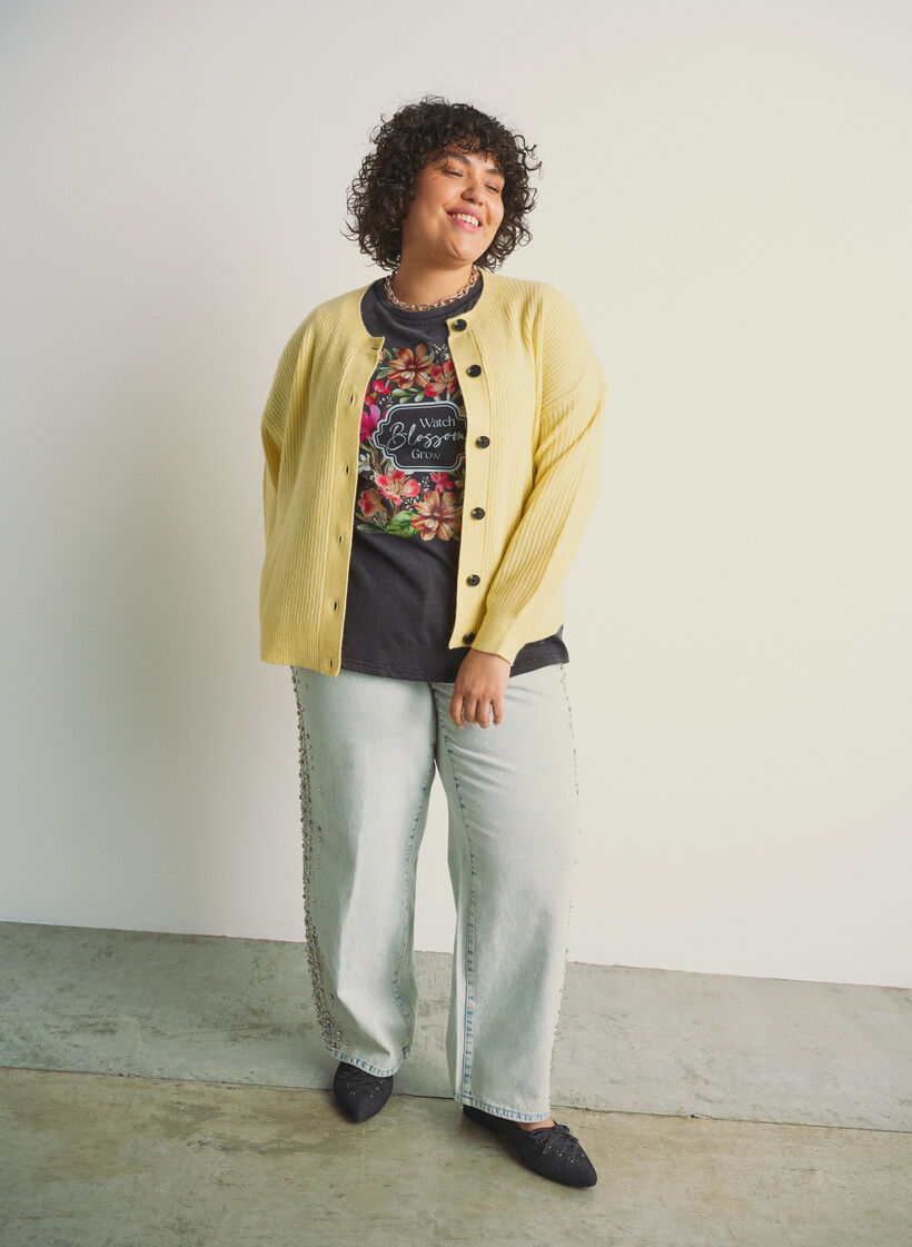 Ribbed cardigan with buttons, Yellow, Image image number 0