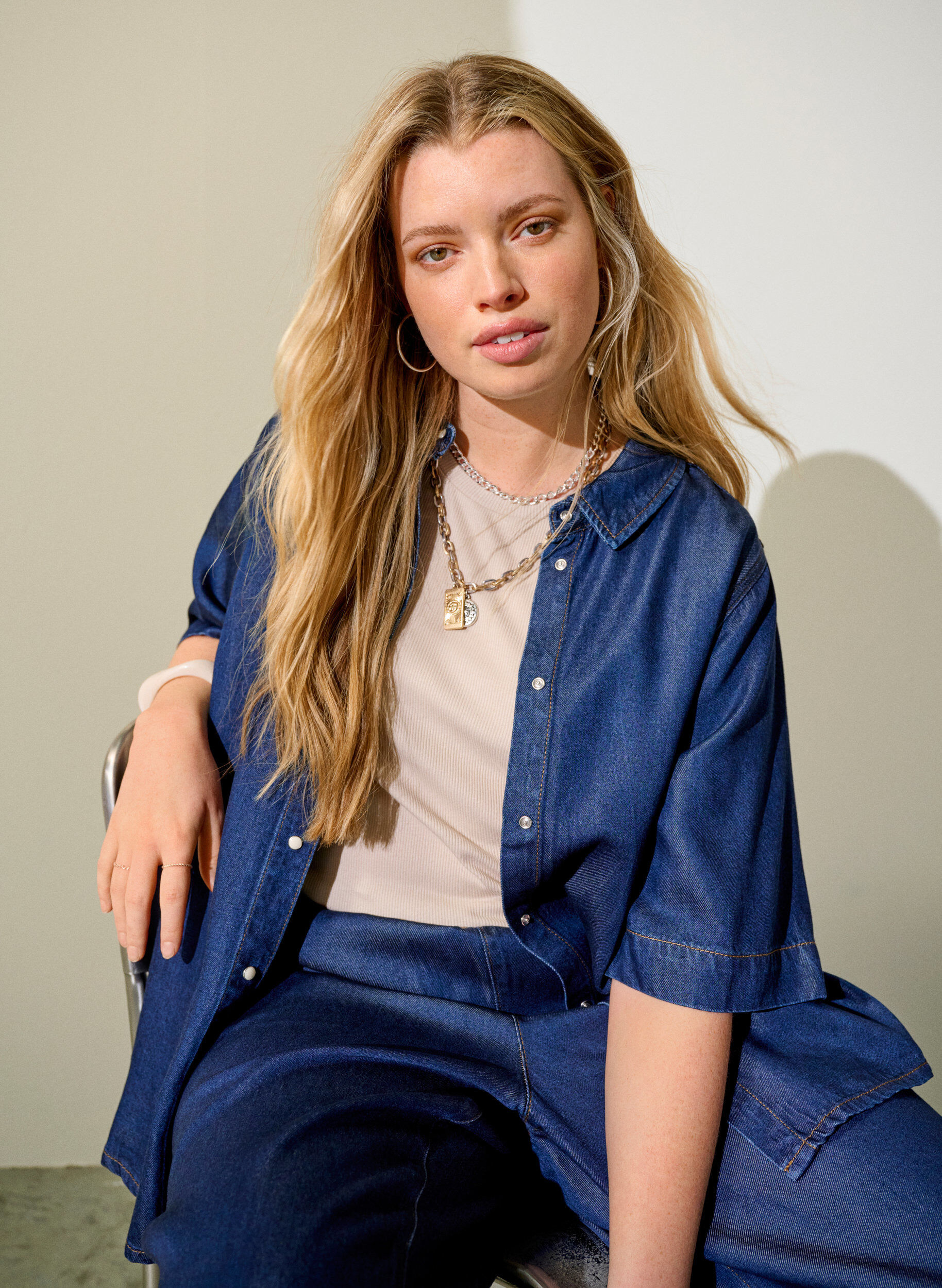 Zizzifashion Short-sleeved denim-look lyocell shirt, Blue, Image image number 0