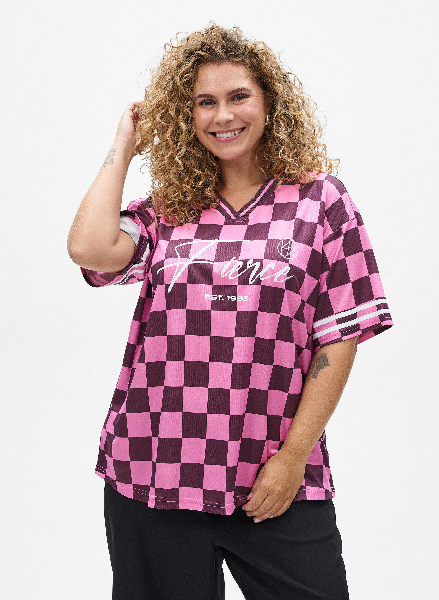 Zizzifashion Sporty T-shirt with checks and text print, Red, Model image number 0